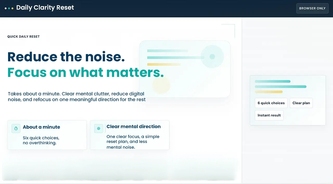 Daily Clarity Reset_ Daily Clarity Reset tool preview showing a simple planner to help users clear mental clutter and decide what matters most today.