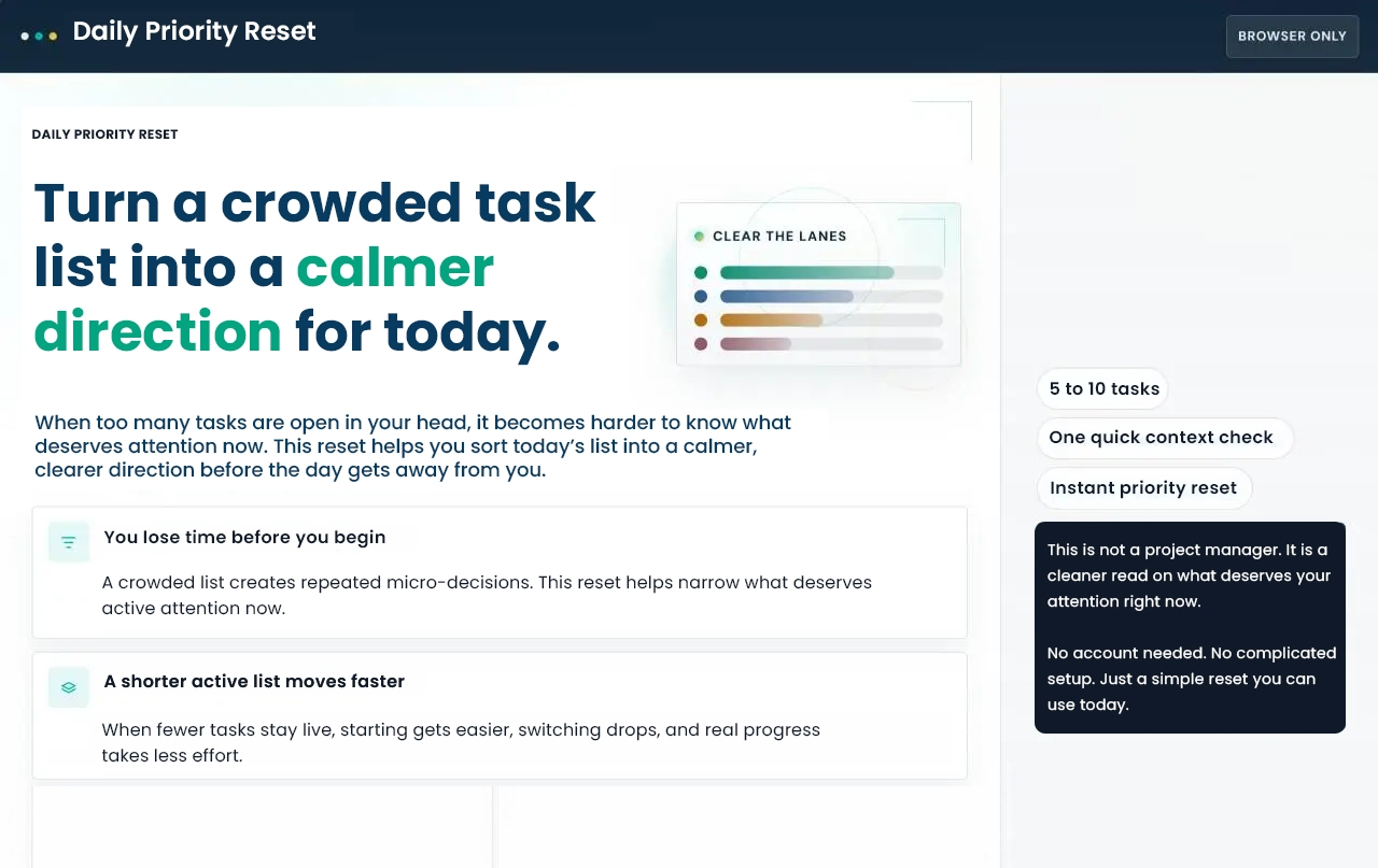 Daily Priority Reset Daily Priority Reset tool preview showing a simple task list reset that helps users sort today’s tasks into a calmer and clearer direction.
