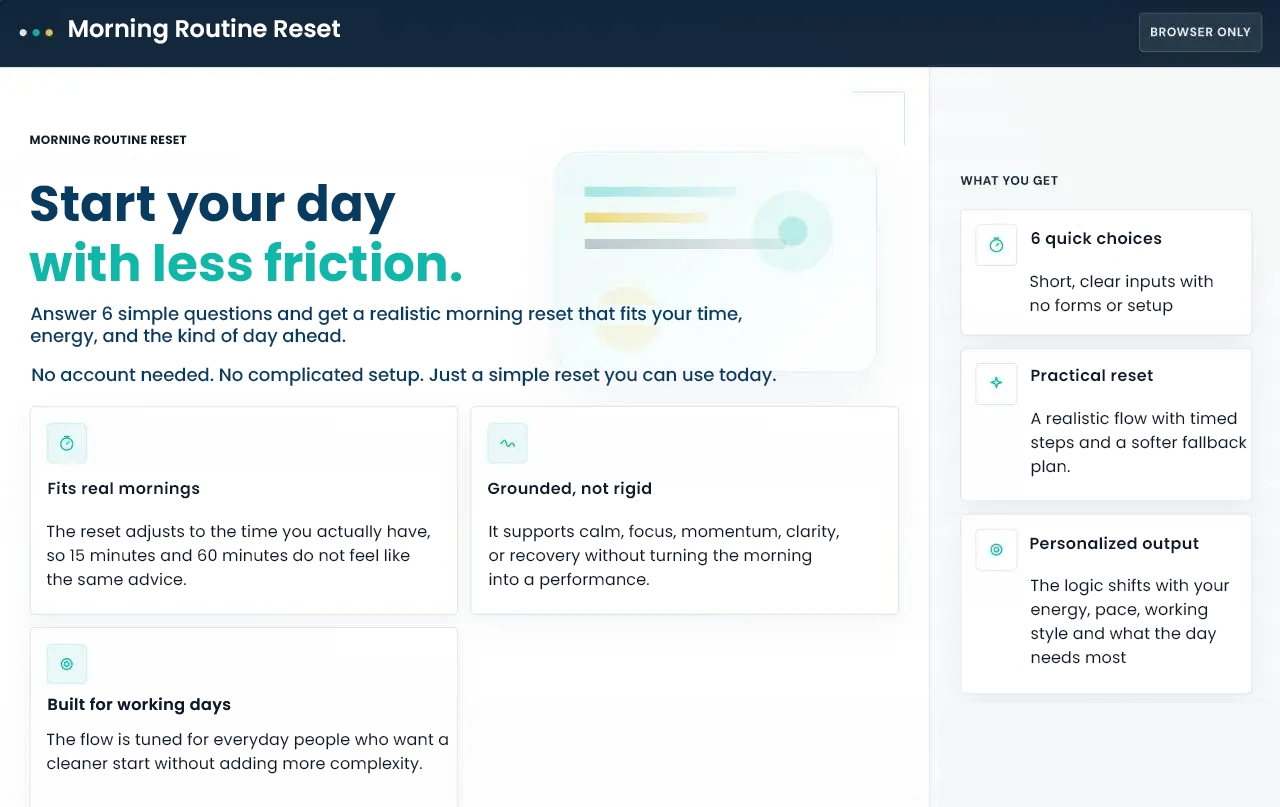 Morning Routine Reset Morning Routine Reset tool preview showing a simple morning reset generator based on time, energy, and the kind of day ahead.